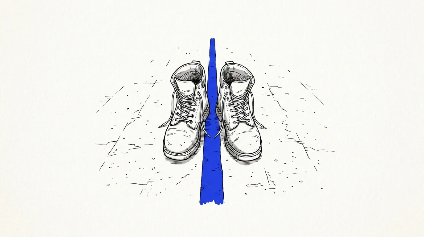 Line-art sketch of work boots standing on the road centerline