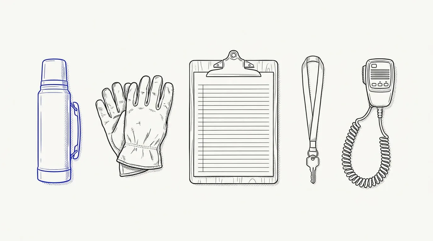 Line-art sketch of a truck cab desk flatlay