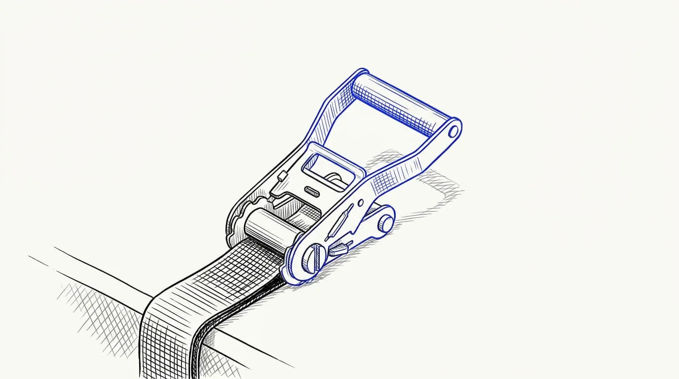 Line-art sketch of a ratchet strap securing cargo