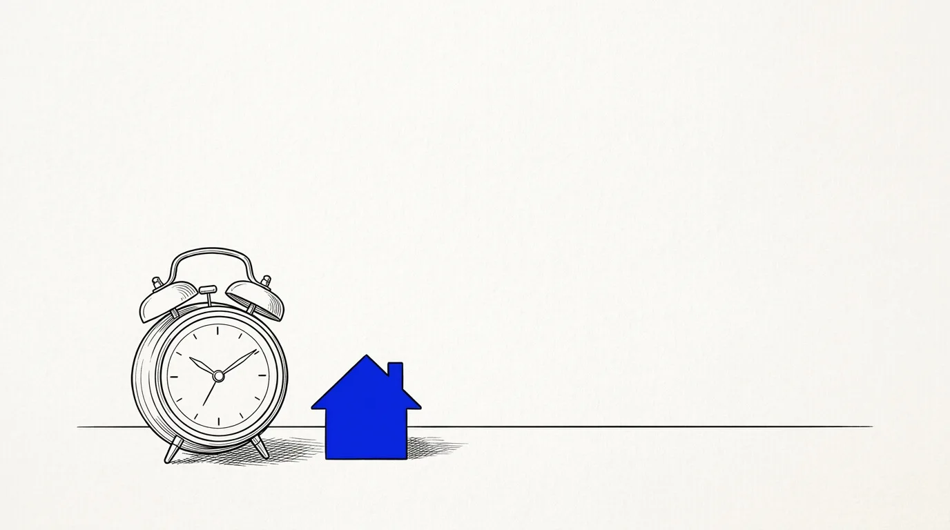 Line-art sketch of a clock beside a house, marking a renewal deadline