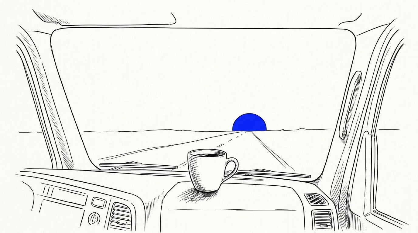 Line-art sketch of coffee on a dashboard at sunrise