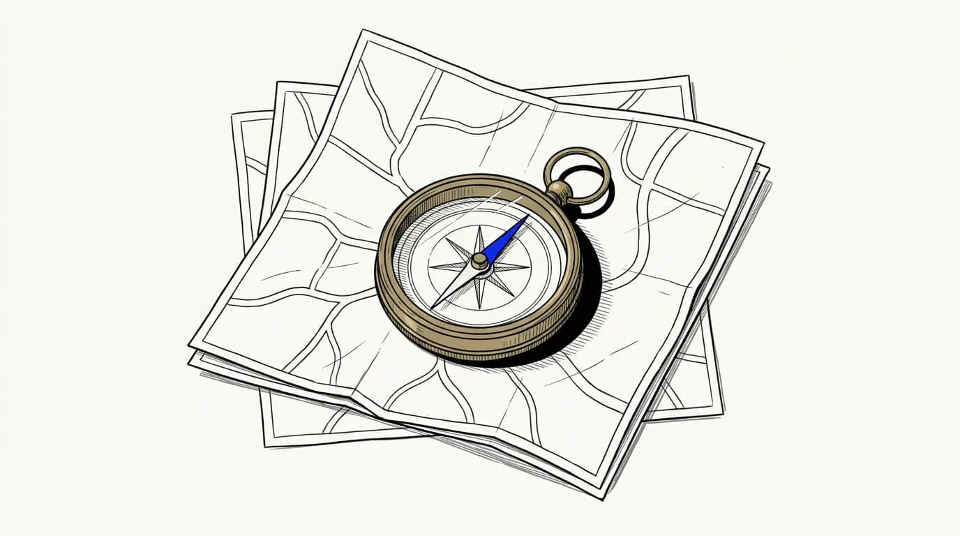 Line-art sketch of a compass resting on an atlas