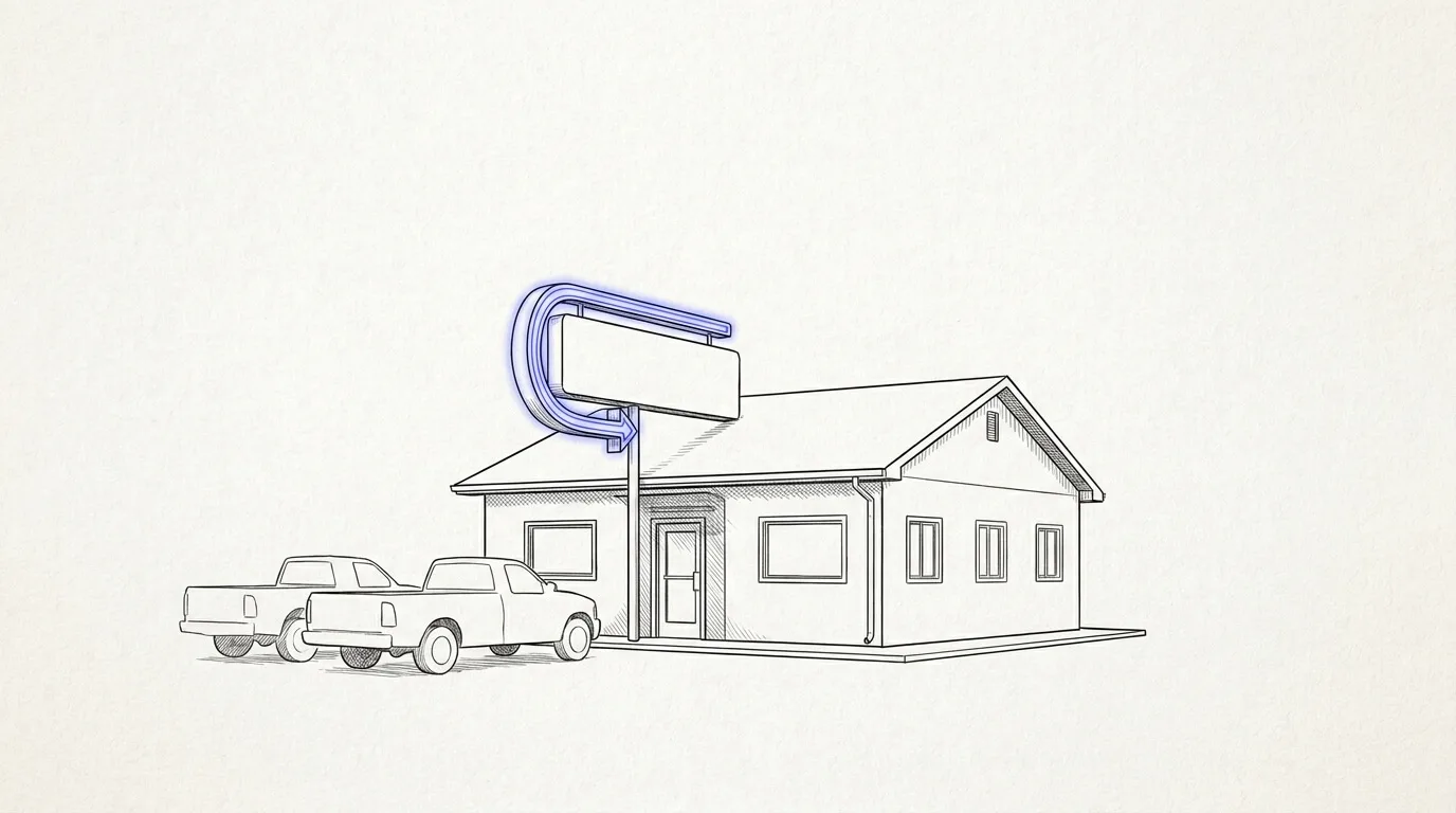 Line-art sketch of a neon-lit truck stop diner