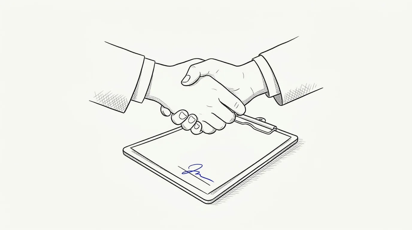 Line-art sketch of a handshake over a contract