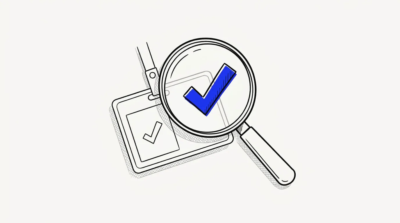 Line-art sketch of a magnifying glass over an ID badge