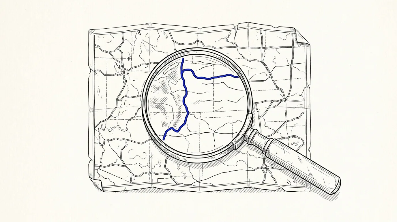 Line-art sketch of a magnifying glass scanning a route