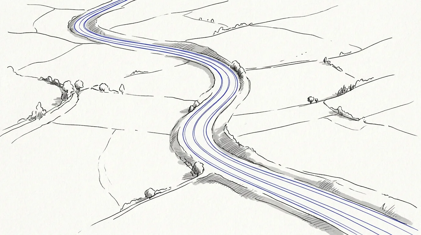 Line-art sketch of an aerial view of an open highway