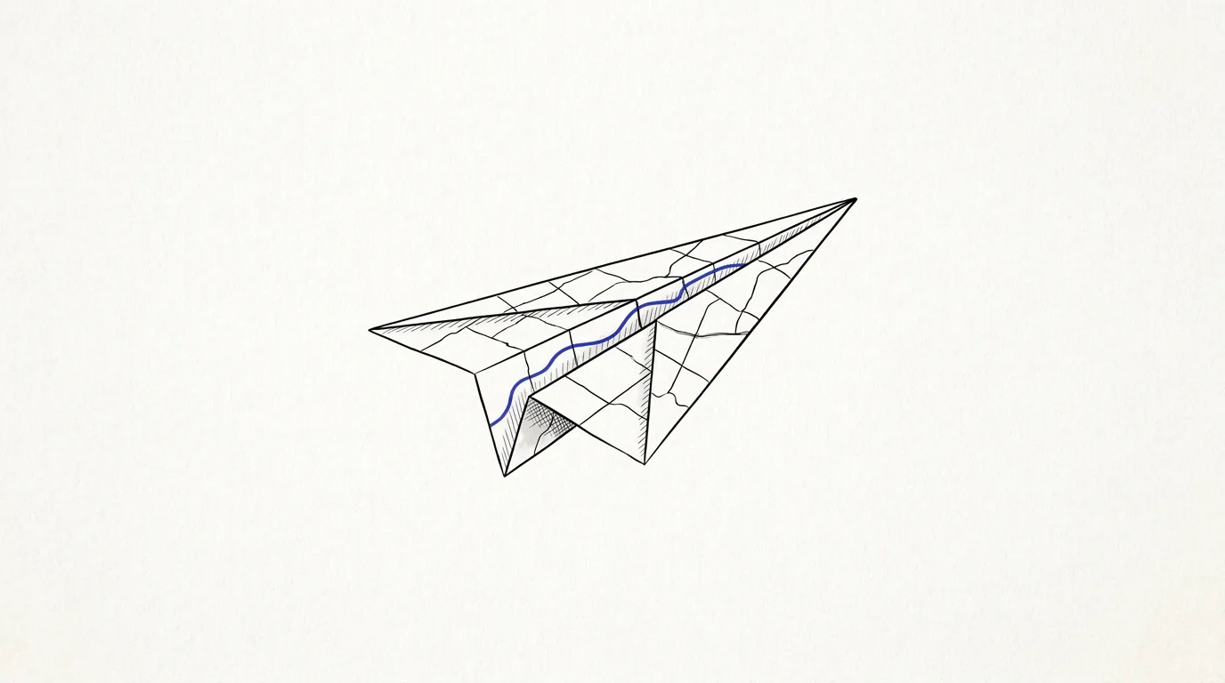 Line-art sketch of a paper plane tracing a route