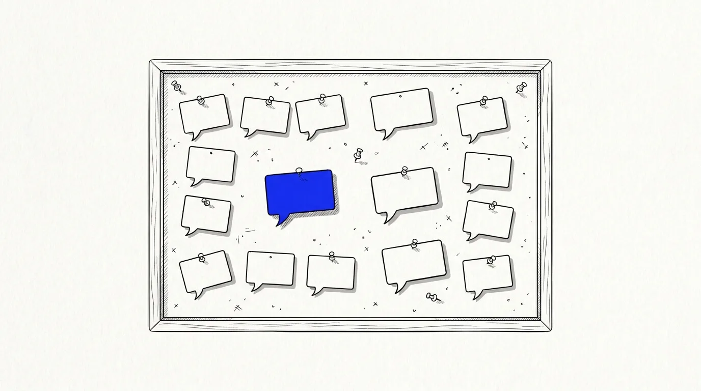 Line-art sketch of a pinboard covered with driver reviews and notes