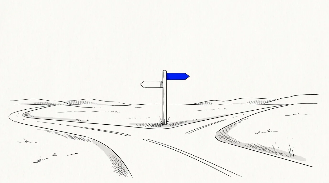 Line-art sketch of a fork in the road with two signposts