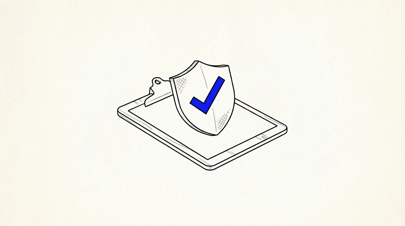 Line-art sketch of a shield with a blue checkmark resting on a clipboard