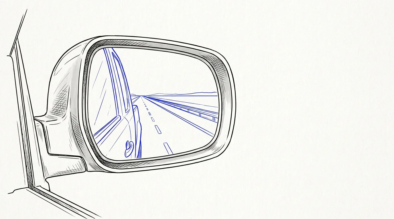 Line-art sketch of a side mirror showing the road behind