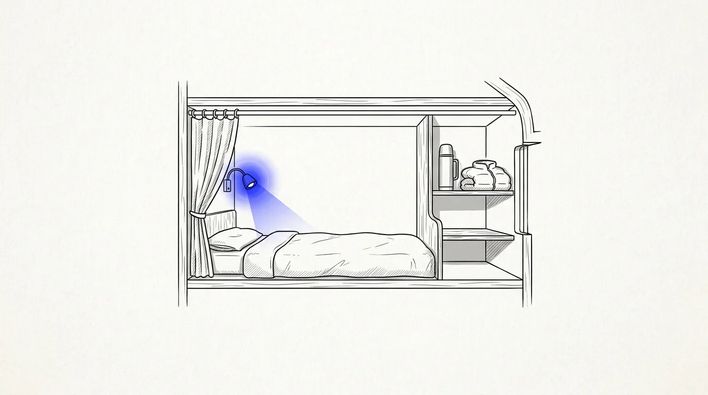 Line-art sketch of an empty sleeper cab bunk