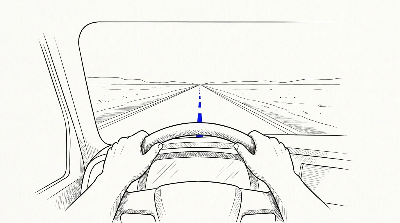 Line-art sketch of a steering wheel facing an open horizon