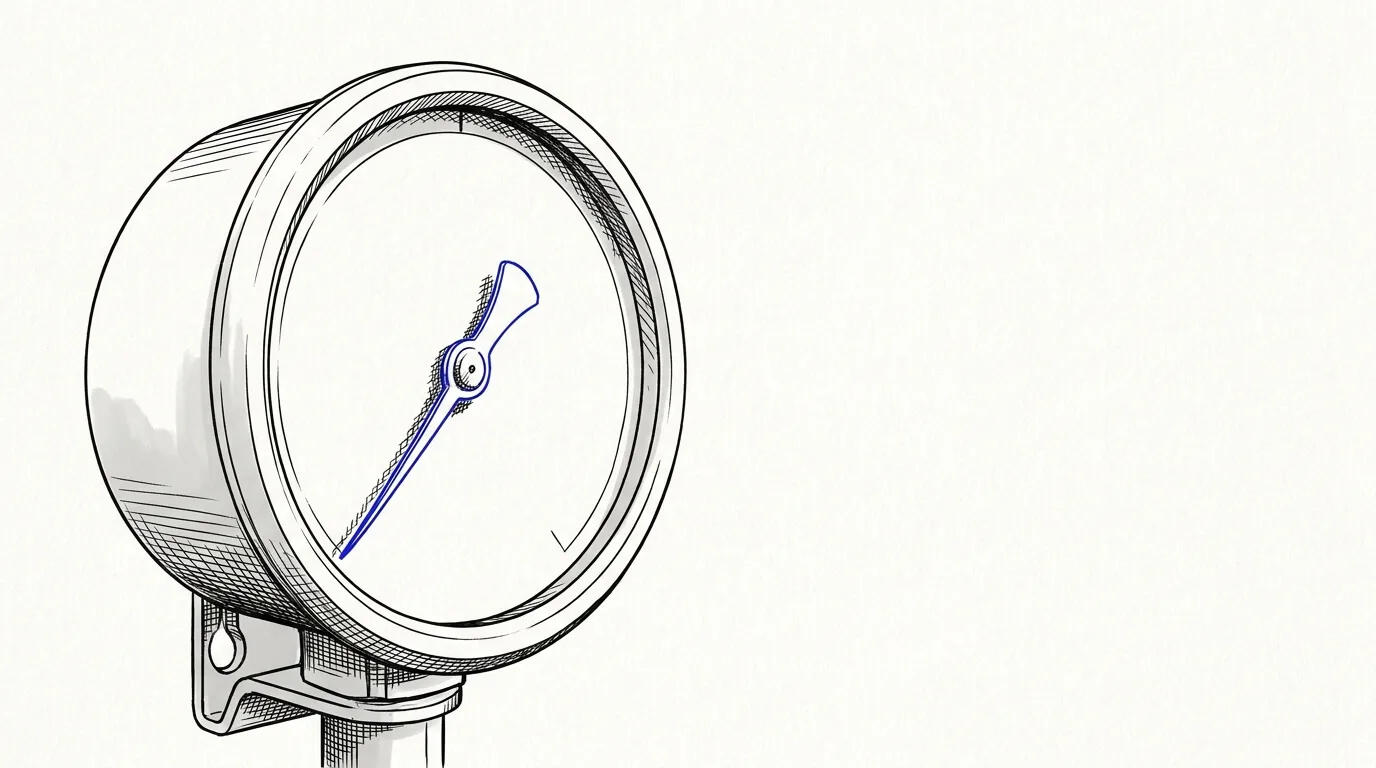 Line-art sketch of an inspection gauge with a blue needle