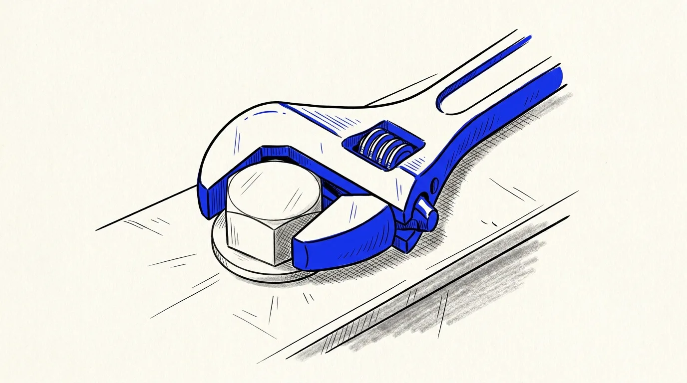 Line-art sketch of a wrench in a maintenance bay